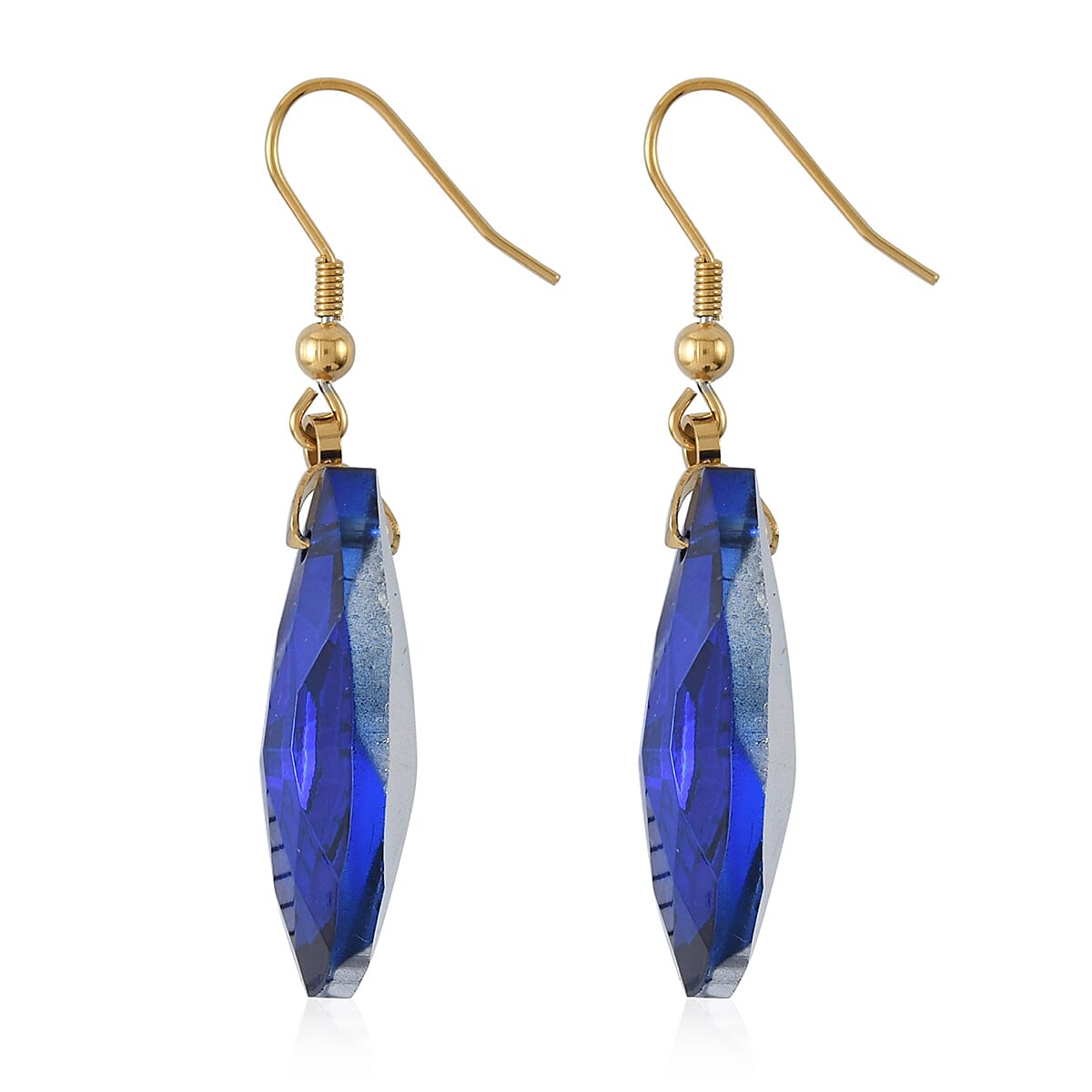 Simulated Blue Sapphire Drop Earrings and Drop Pendant Necklace 20 Inches in ION Plated Yellow Gold Stainless Steel