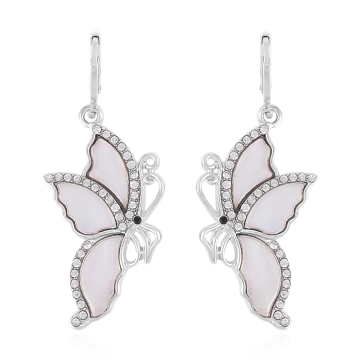 White Shell, Black and White Austrian Crystal Butterfly Earrings in Silvertone and Stainless Steel