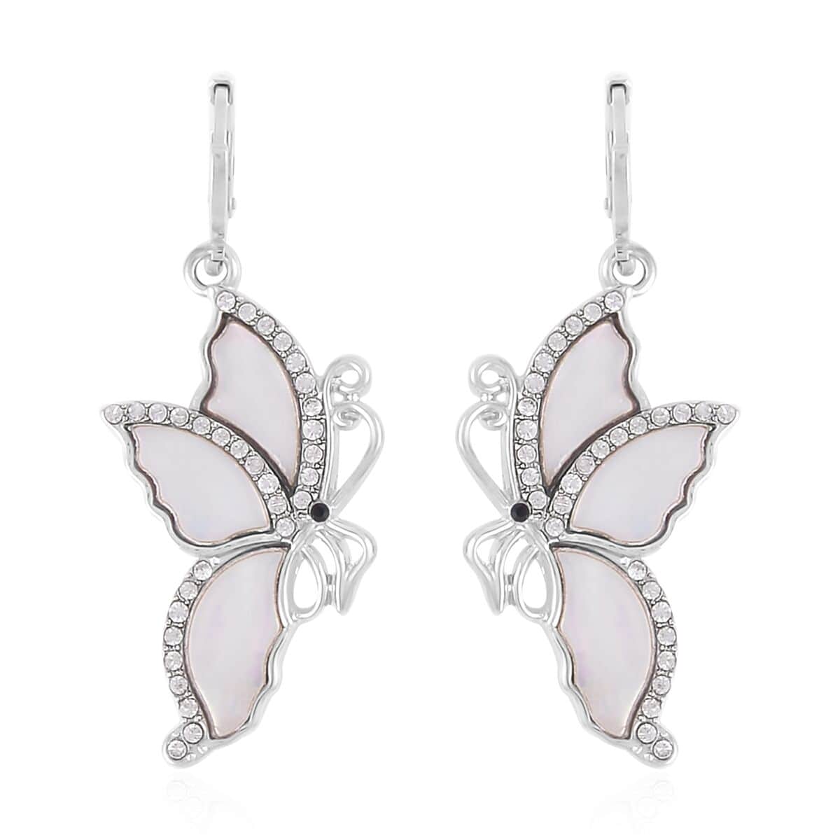 White Shell, Black and White Austrian Crystal Butterfly Earrings in Silvertone and Stainless Steel image number 0