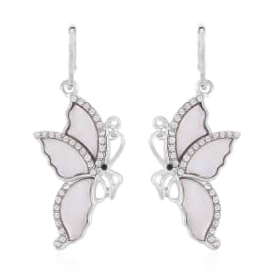 White Shell, Black and White Austrian Crystal Butterfly Earrings in Silvertone and Stainless Steel