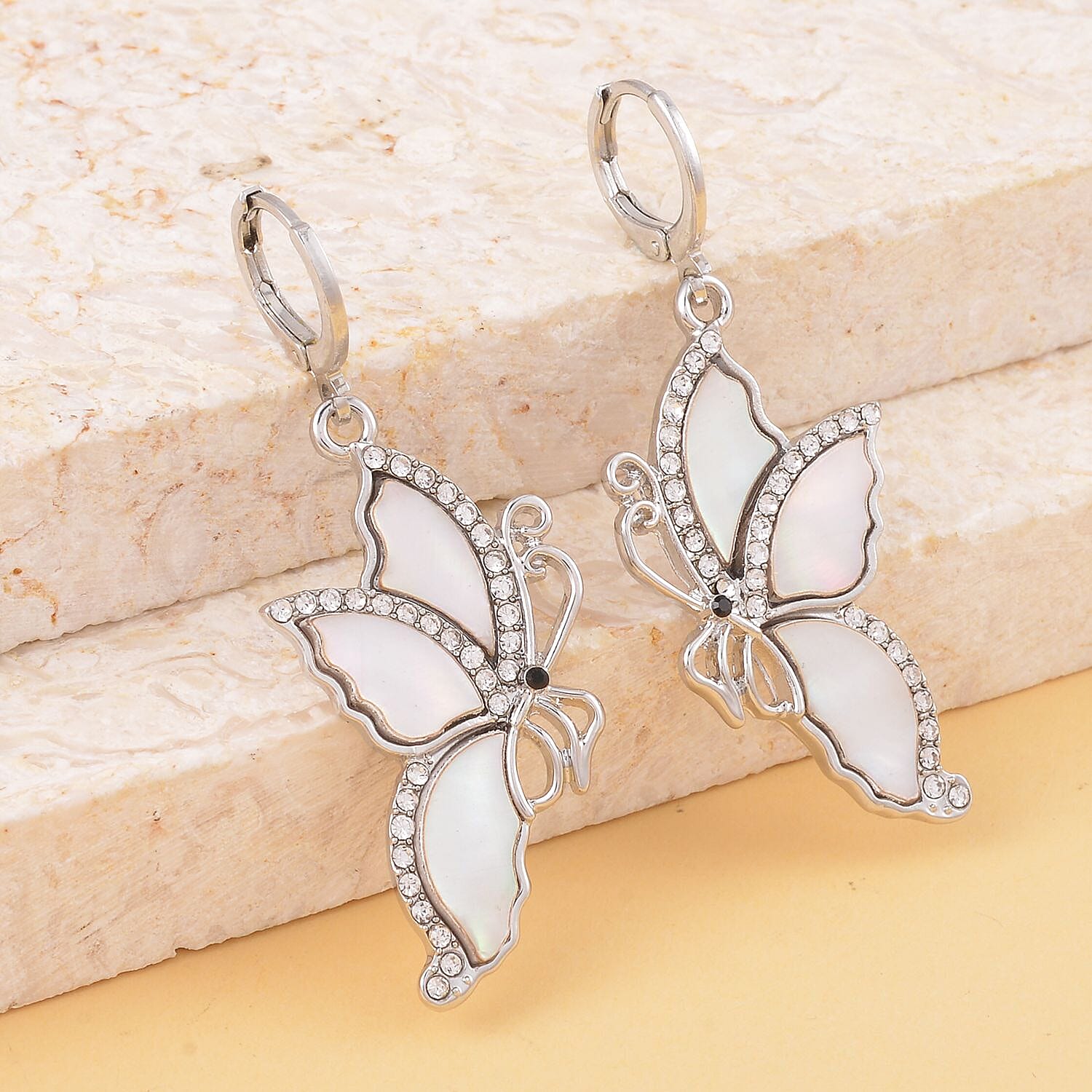 White Shell, Black and White Austrian Crystal Butterfly Earrings in Silvertone and Stainless Steel