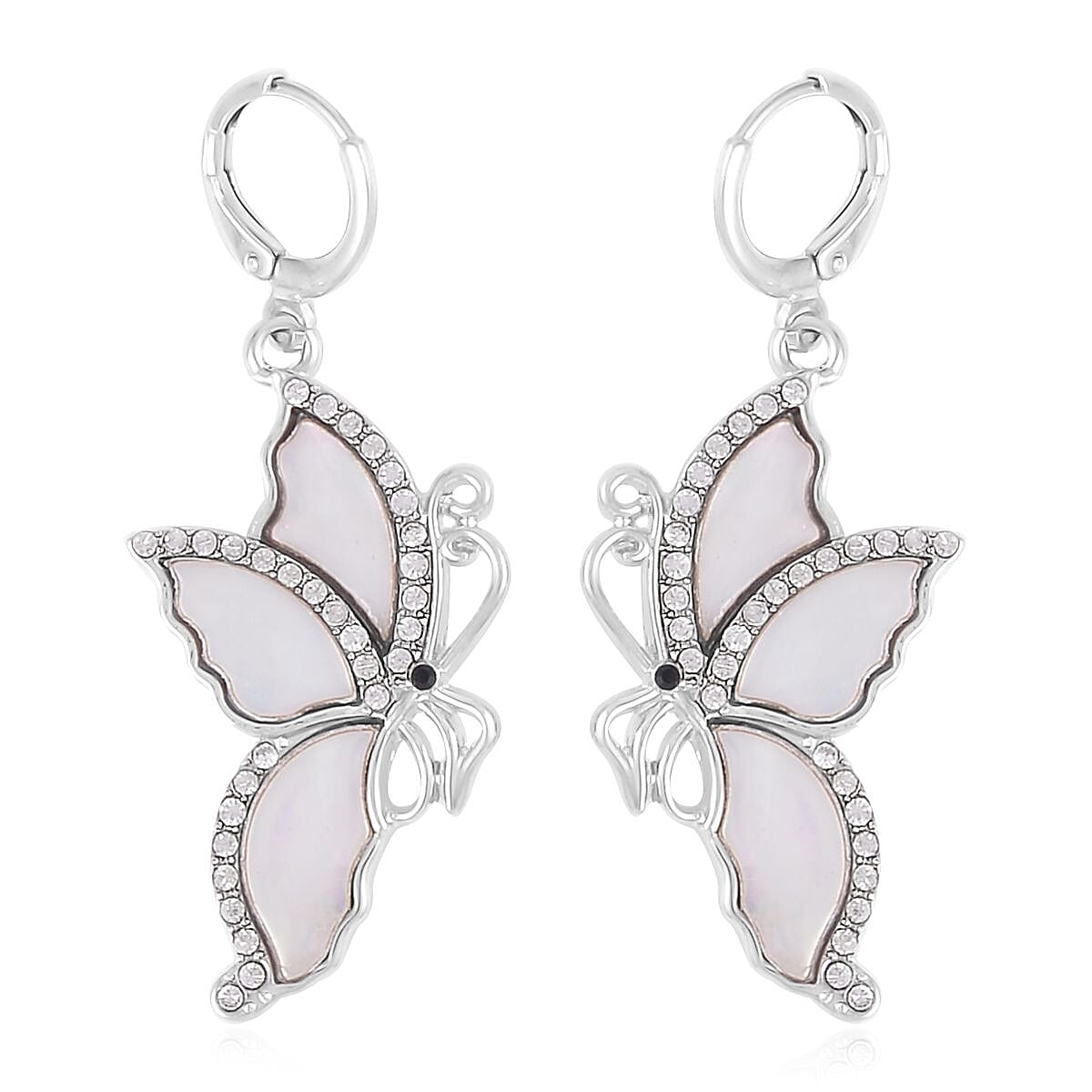 White Shell, Black and White Austrian Crystal Butterfly Earrings in Silvertone and Stainless Steel