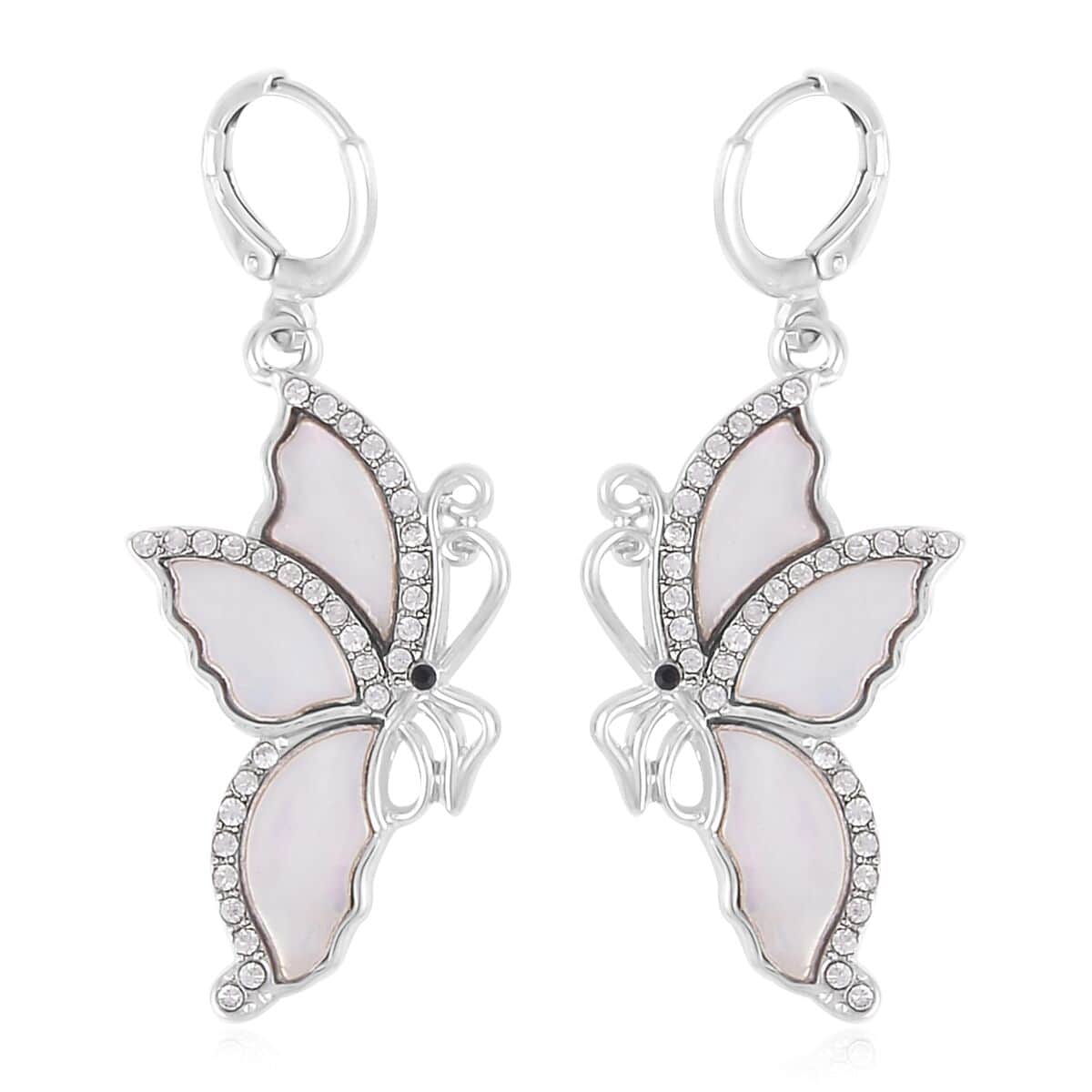 White Shell, Black and White Austrian Crystal Butterfly Earrings in Silvertone and Stainless Steel image number 3