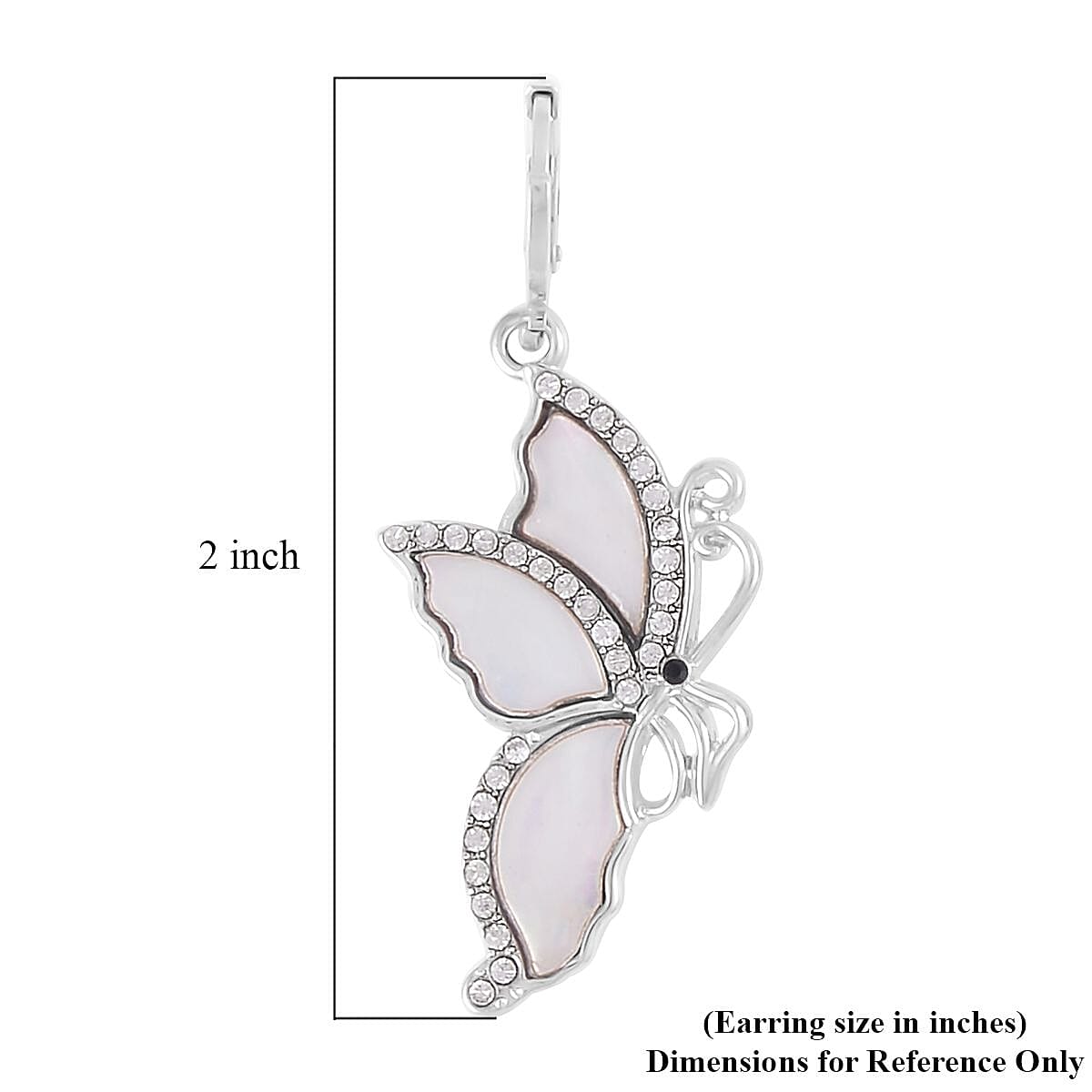 White Shell, Black and White Austrian Crystal Butterfly Earrings in Silvertone and Stainless Steel
