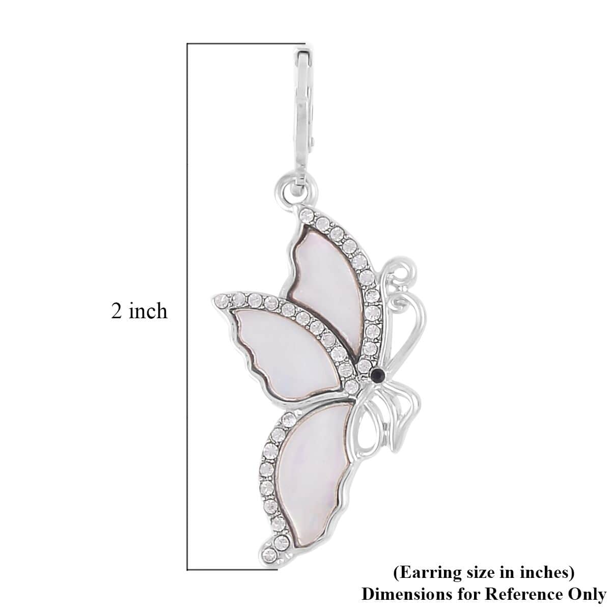 White Shell, Black and White Austrian Crystal Butterfly Earrings in Silvertone and Stainless Steel image number 4