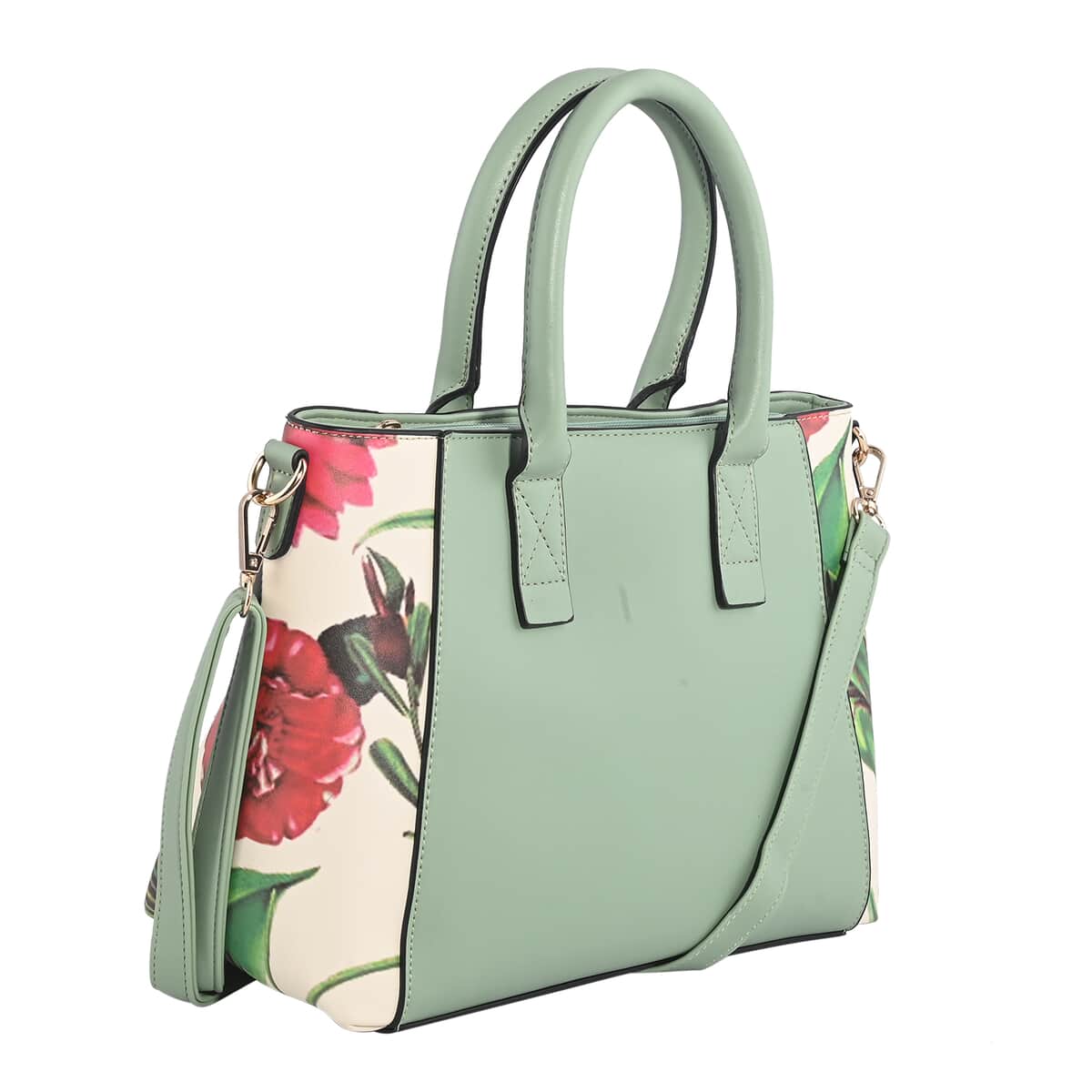 Green Faux Leather Flower and Leaf Pattern Tote Bag (12x5x8.66) image number 1