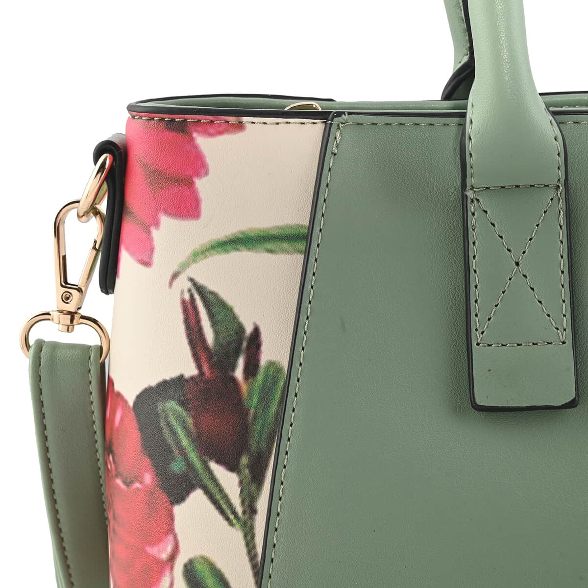 Green Faux Leather Flower and Leaf Pattern Tote Bag (12x5x8.66) image number 3