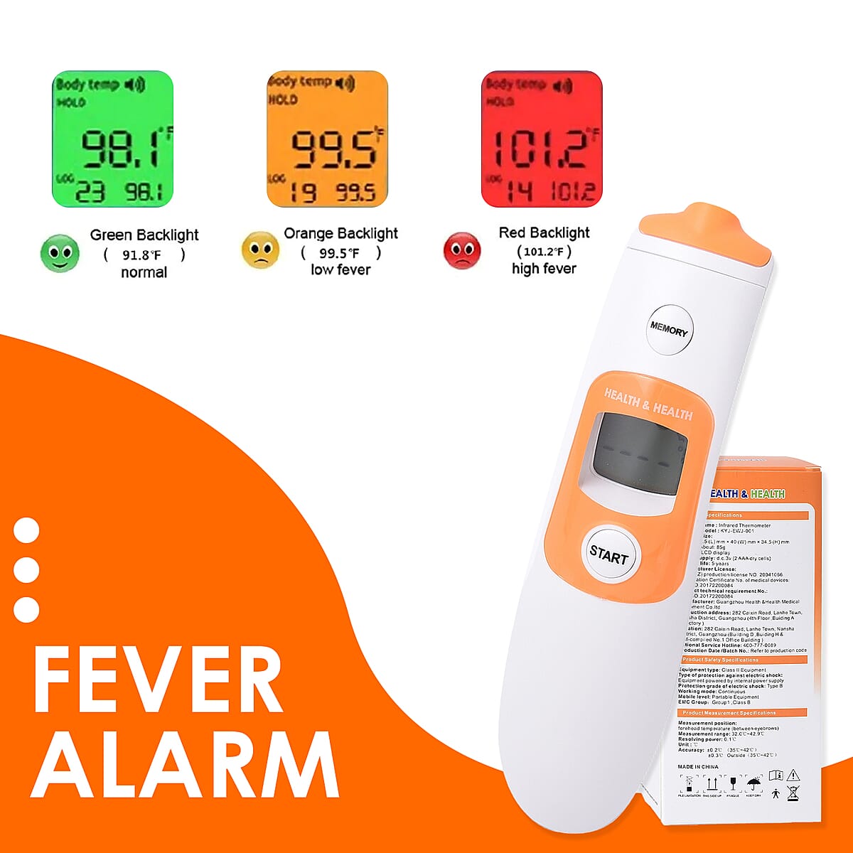 HEALTH & HEALTH Infrared Thermometer with 3 Color LCD Display (Measurement Range : 89.6Â°F to 109.2Â°F) (2xAAA Battery Not Included) image number 2