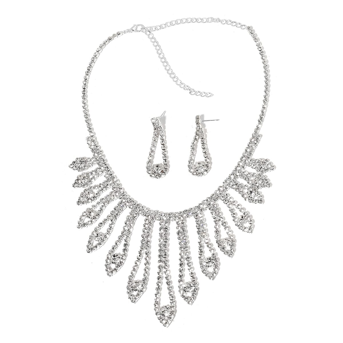 White Austrian Crystal Earrings and Chandelier Necklace 22 Inches in Silvertone image number 0
