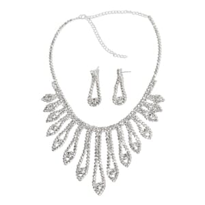 White Austrian Crystal Earrings and Chandelier Necklace 22 Inches in Silvertone