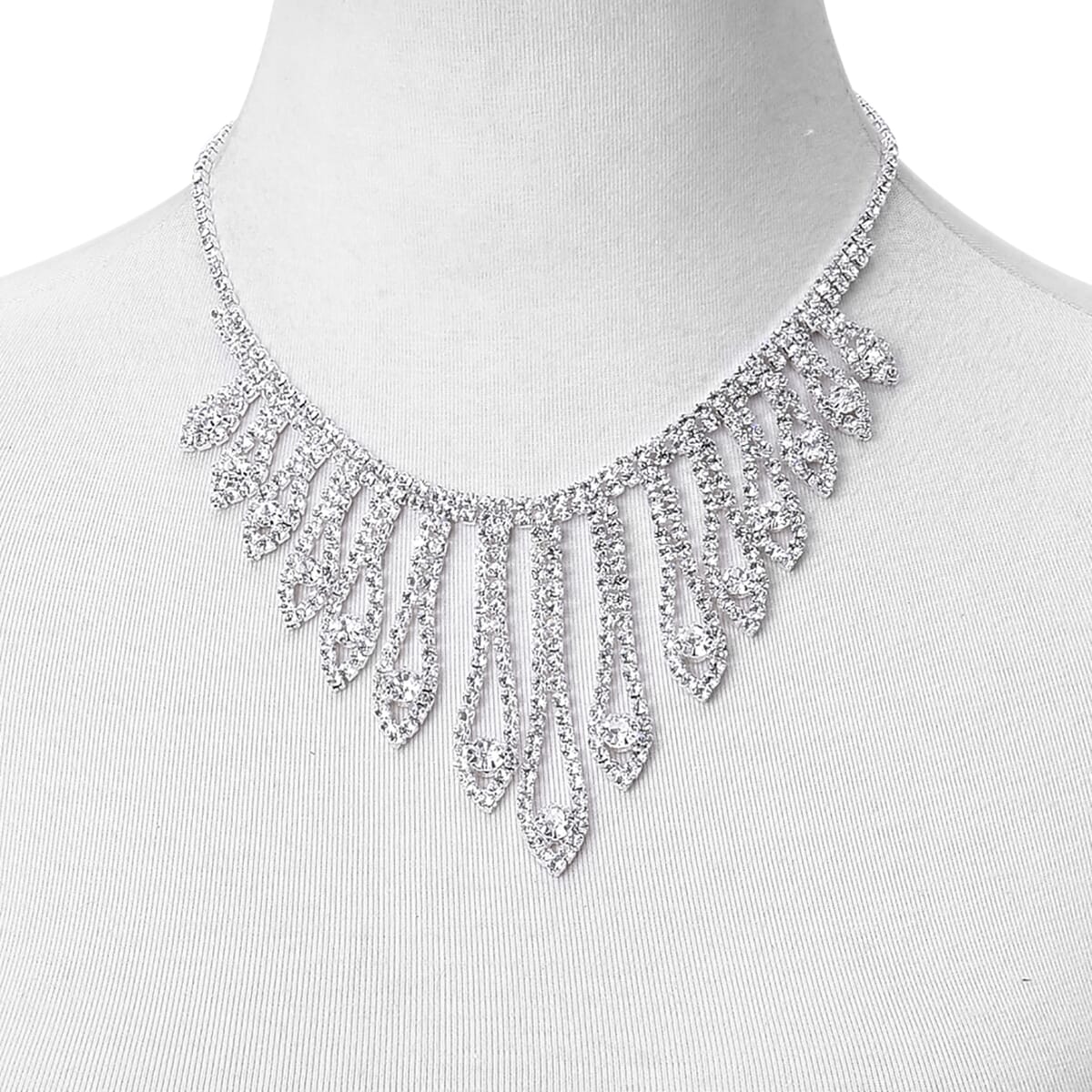 White Austrian Crystal Earrings and Chandelier Necklace 22 Inches in Silvertone image number 2