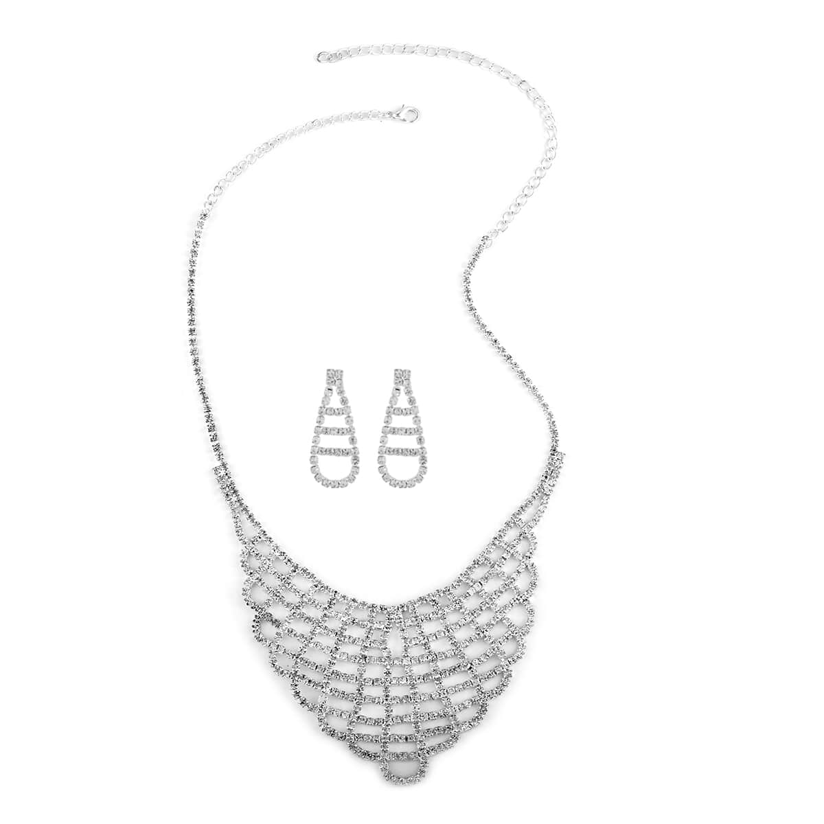 White Austrian Crystal Earrings and V Shape Necklace 22 Inches in Silvertone image number 0