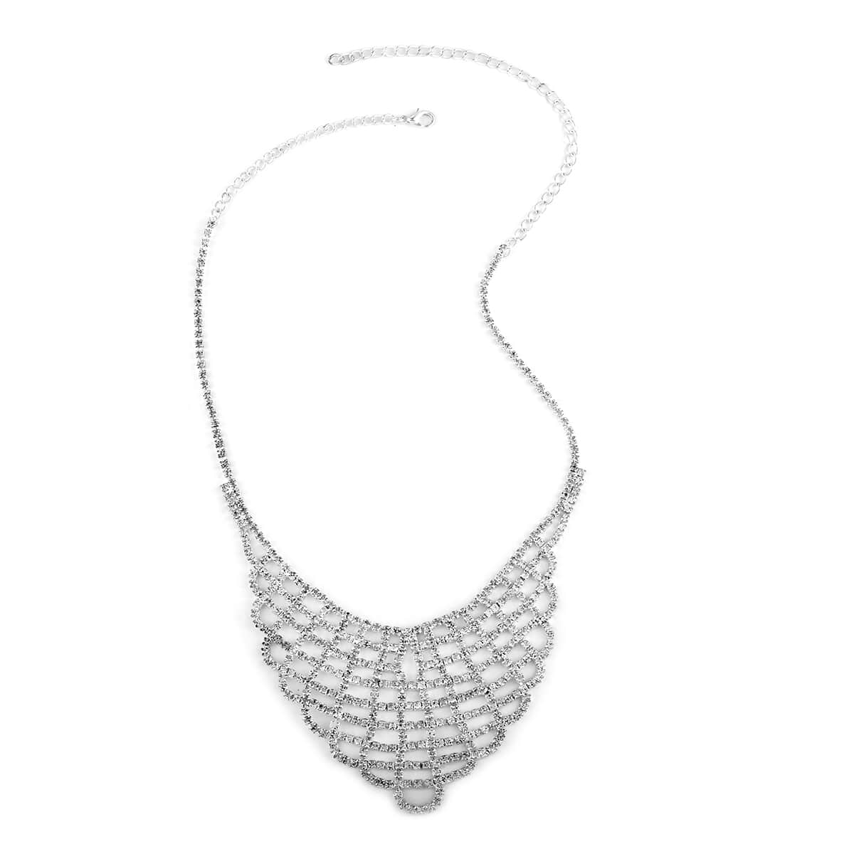 White Austrian Crystal Earrings and V Shape Necklace 22 Inches in Silvertone image number 2