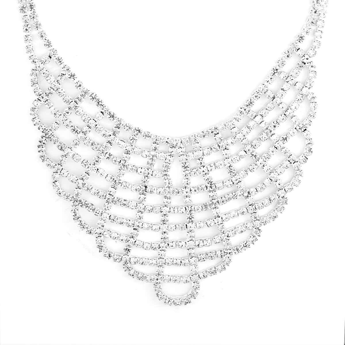 White Austrian Crystal Earrings and V Shape Necklace 22 Inches in Silvertone image number 3