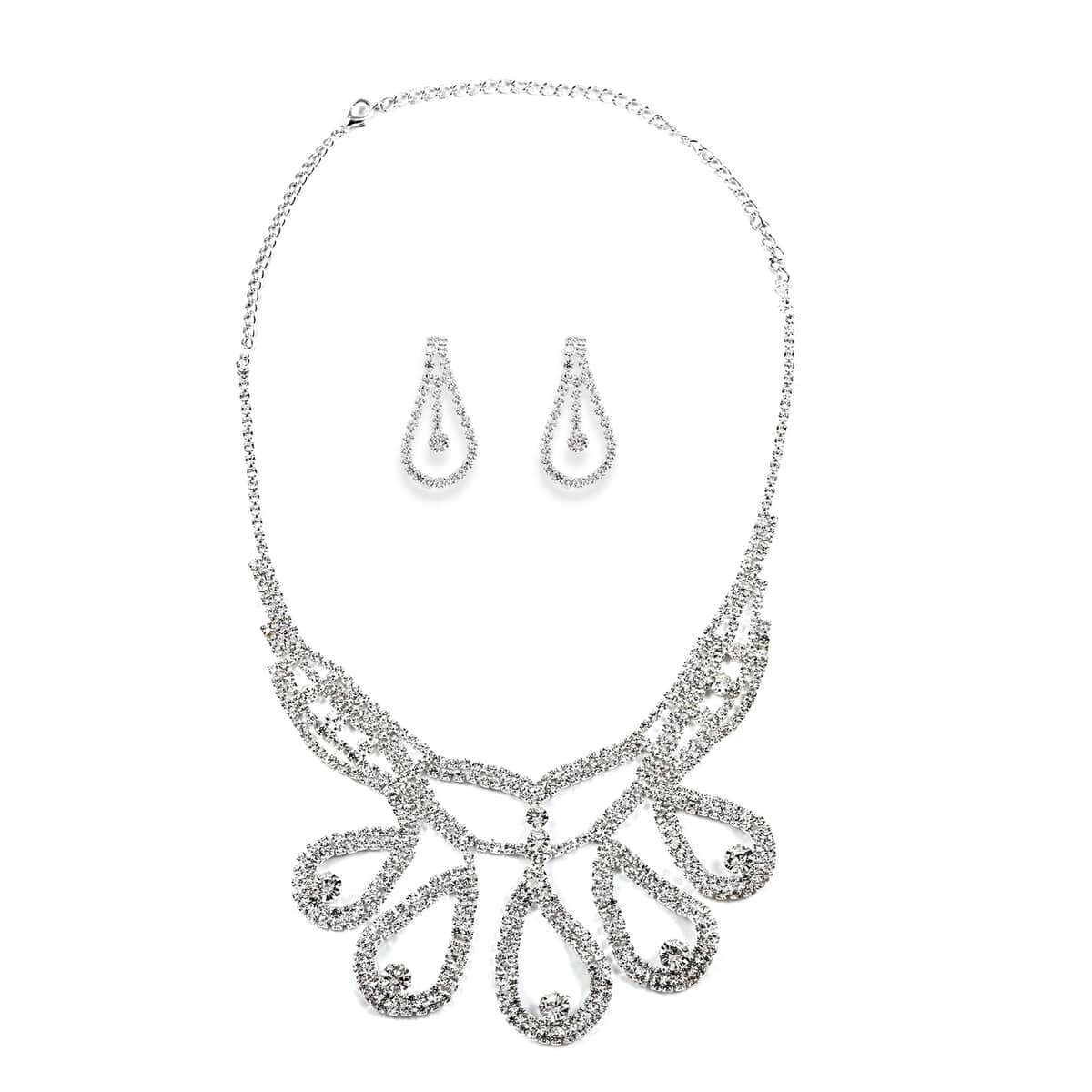 White Austrian Crystal Earrings and Chandelier Necklace 22 Inches in Silvertone image number 0