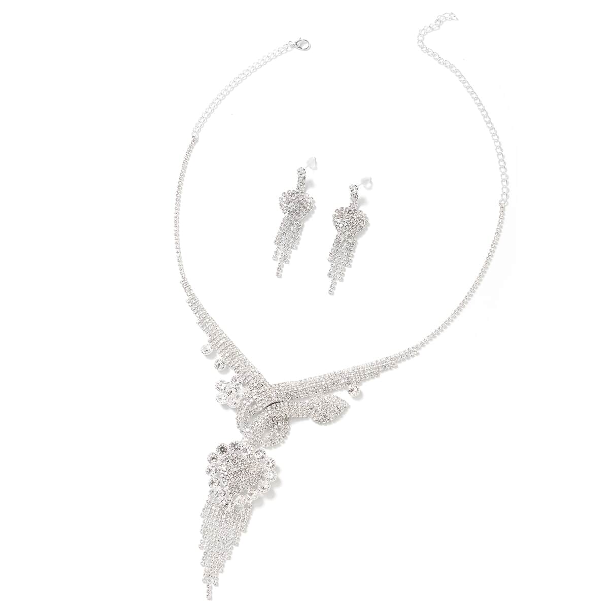 White Austrian Crystal Earrings and Statement Necklace 22 Inches in Silvertone image number 0