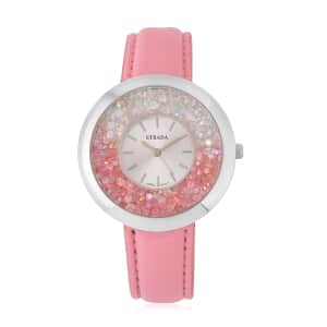 Strada Pink and Aurora Borealis Austrian Crystal Japanese Movement Water Resistant Watch with Pink Faux Leather Band and Stainless Steel Back (40mm) (6.75-8.5In)