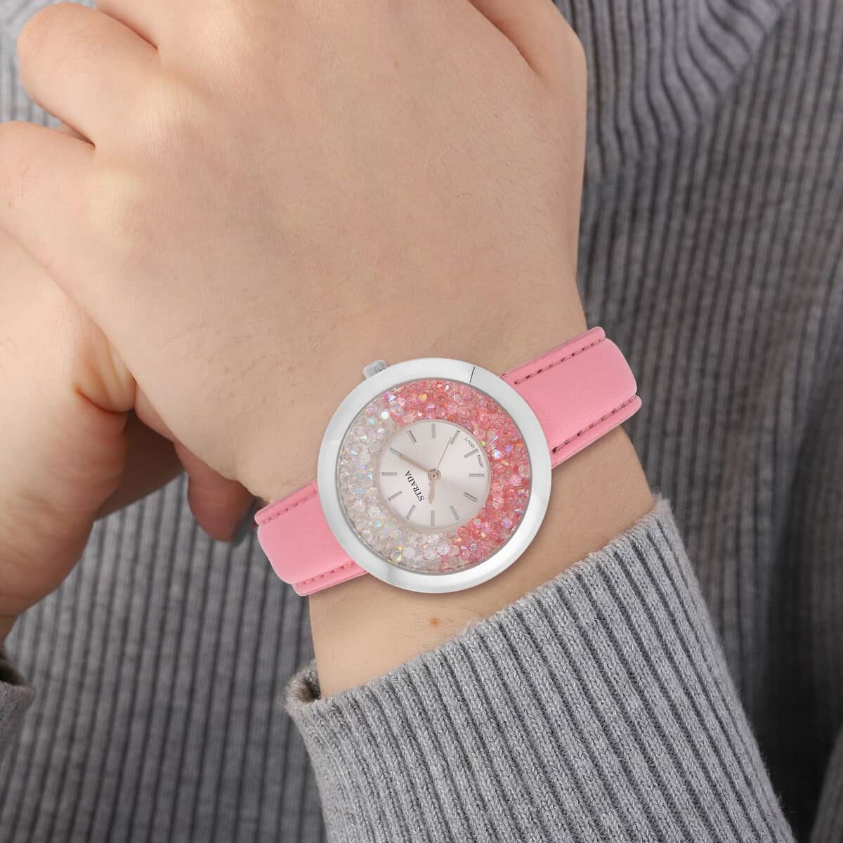Strada Pink and Aurora Borealis Austrian Crystal Japanese Movement Water Resistant Watch with Pink Faux Leather Band and Stainless Steel Back (40mm) (6.75-8.5In) image number 2