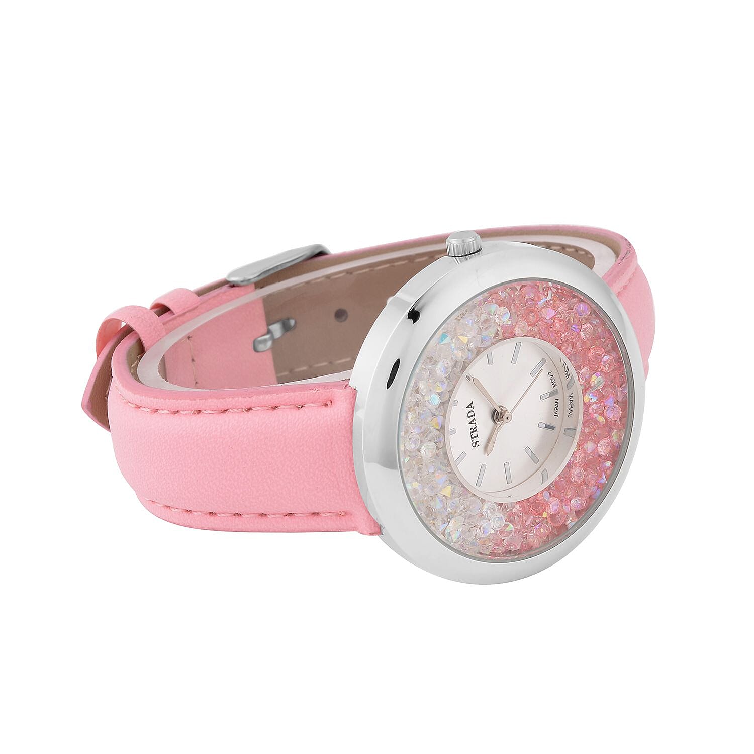 Strada Pink and Aurora Borealis Austrian Crystal Japanese Movement Water Resistant Watch with Pink Faux Leather Band and Stainless Steel Back (40mm) (6.75-8.5In)