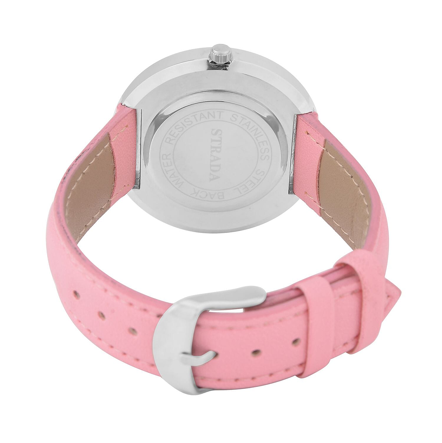 Strada Pink and Aurora Borealis Austrian Crystal Japanese Movement Water Resistant Watch with Pink Faux Leather Band and Stainless Steel Back (40mm) (6.75-8.5In)
