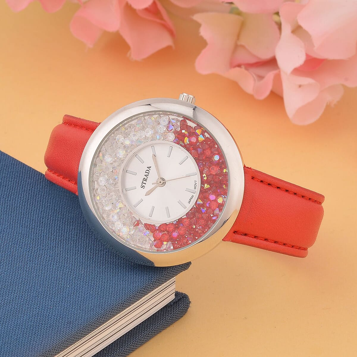 Strada Red and Aurora Borealis Austrian Crystal Japanese Movement Water Resistant Watch with Red Faux Leather Band and Stainless Steel Back (40mm) (6.75-8.5In) image number 1