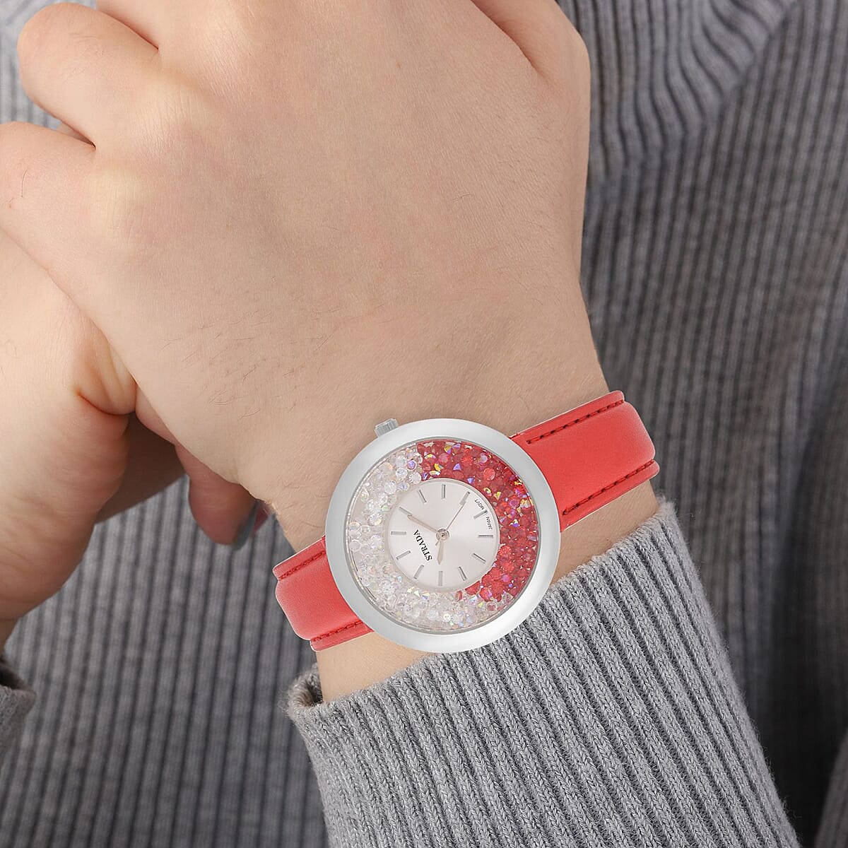 Strada Red and Aurora Borealis Austrian Crystal Japanese Movement Water Resistant Watch with Red Faux Leather Band and Stainless Steel Back (40mm) (6.75-8.5In) image number 2