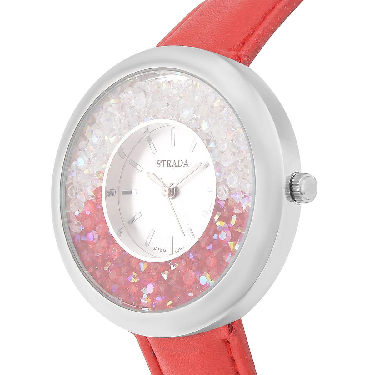 Strada Red and Aurora Borealis Austrian Crystal Japanese Movement Water Resistant Watch with Red Faux Leather Band and Stainless Steel Back (40mm) (6.75-8.5In) image number 3