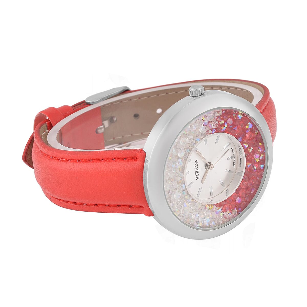 Strada Red and Aurora Borealis Austrian Crystal Japanese Movement Water Resistant Watch with Red Faux Leather Band and Stainless Steel Back (40mm) (6.75-8.5In) image number 4