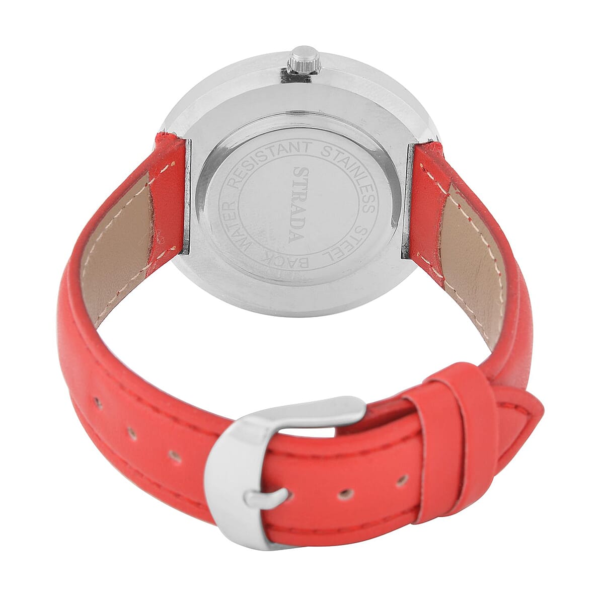 Strada Red and Aurora Borealis Austrian Crystal Japanese Movement Water Resistant Watch with Red Faux Leather Band and Stainless Steel Back (40mm) (6.75-8.5In) image number 5