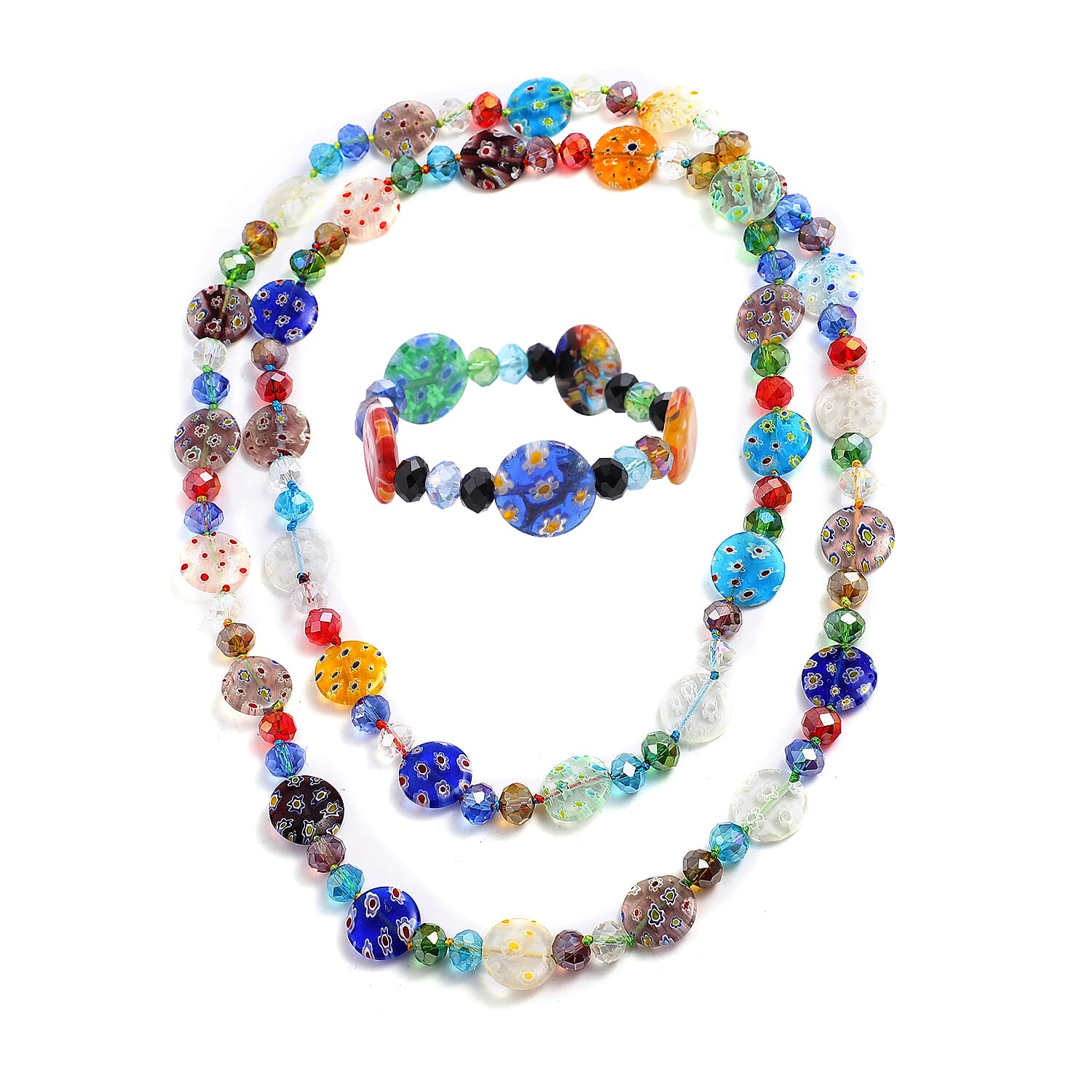Multi Color Glass and Multi Color Murano Style Stretch Bracelet and Endless Necklace (47.00 In)