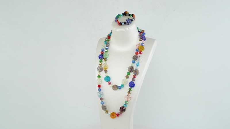 Multi Color Glass, Multi Color Murano Style Stretch Bracelet and Endless Necklace (46.00 In)