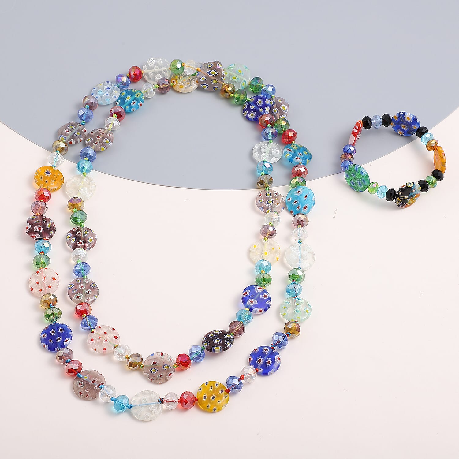Multi Color Glass and Multi Color Murano Style Stretch Bracelet and Endless Necklace (47.00 In)
