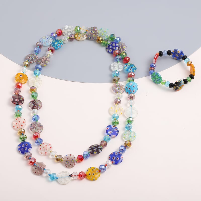 Multi Color Glass and Multi Color Murano Style Stretch Bracelet and Endless Necklace (47.00 In)