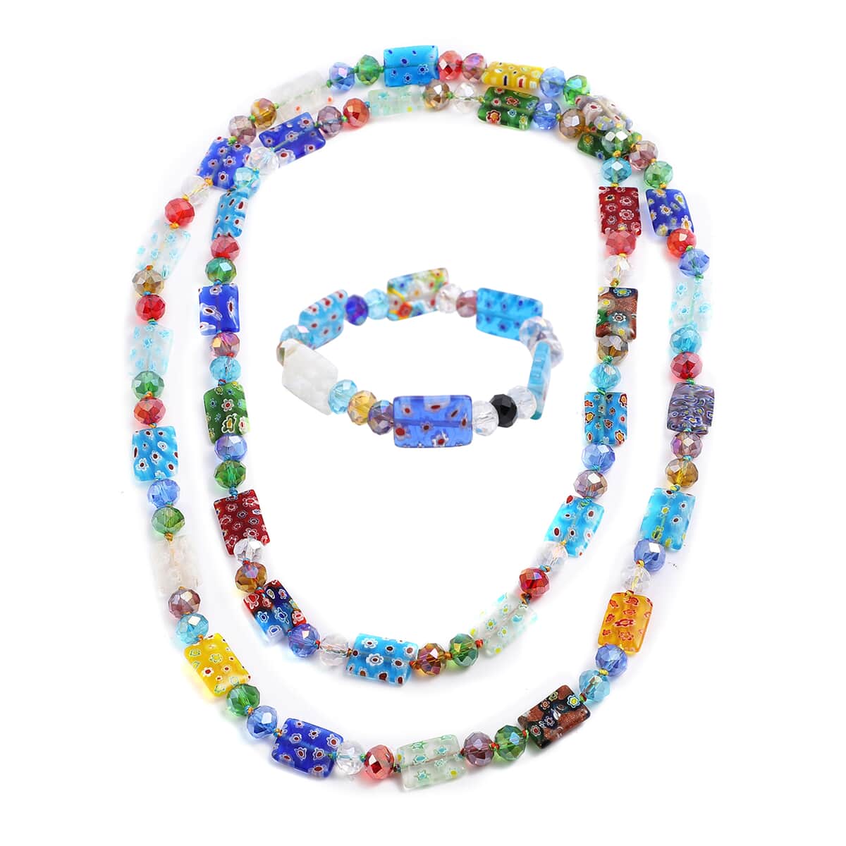 Multi Color Murano Style and Multi Color Glass Square Stretch Bracelet and Endless Necklace (46.00 In) image number 0