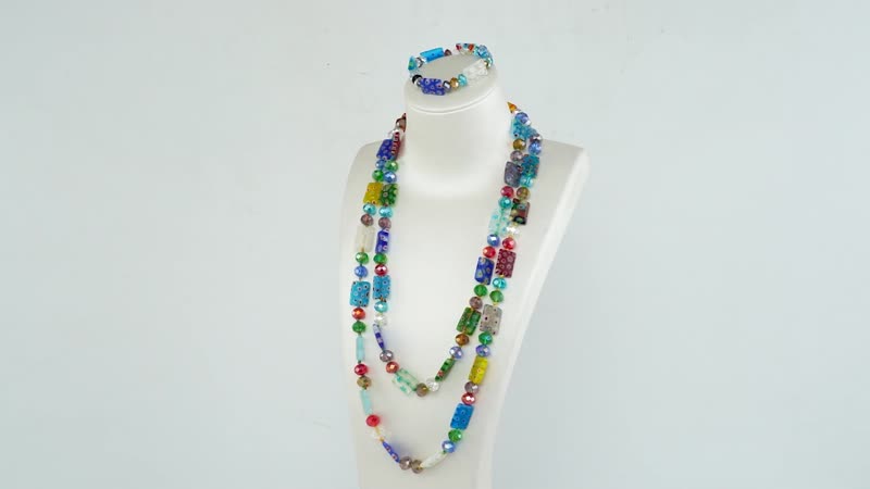 Multi Color Murano Style and Multi Color Glass Square Stretch Bracelet and Endless Necklace (46.00 In)