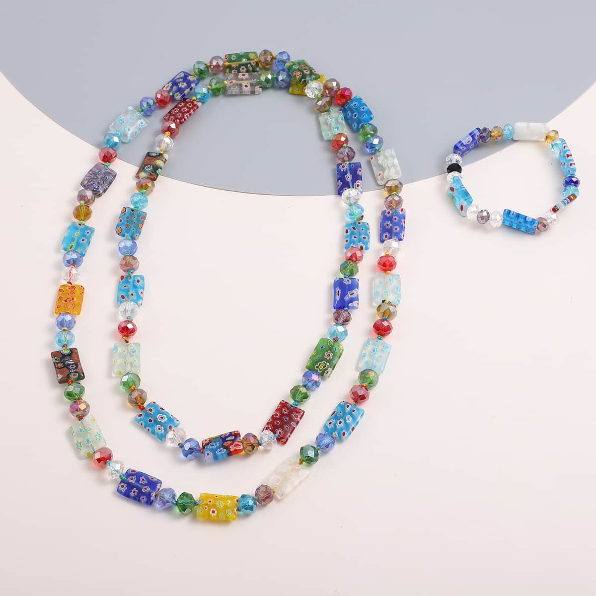 Multi Color Murano Style and Multi Color Glass Square Stretch Bracelet and Endless Necklace (46.00 In) image number 1