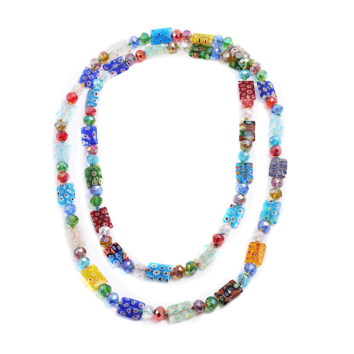 Multi Color Murano Style and Multi Color Glass Square Stretch Bracelet and Endless Necklace (46.00 In) image number 2