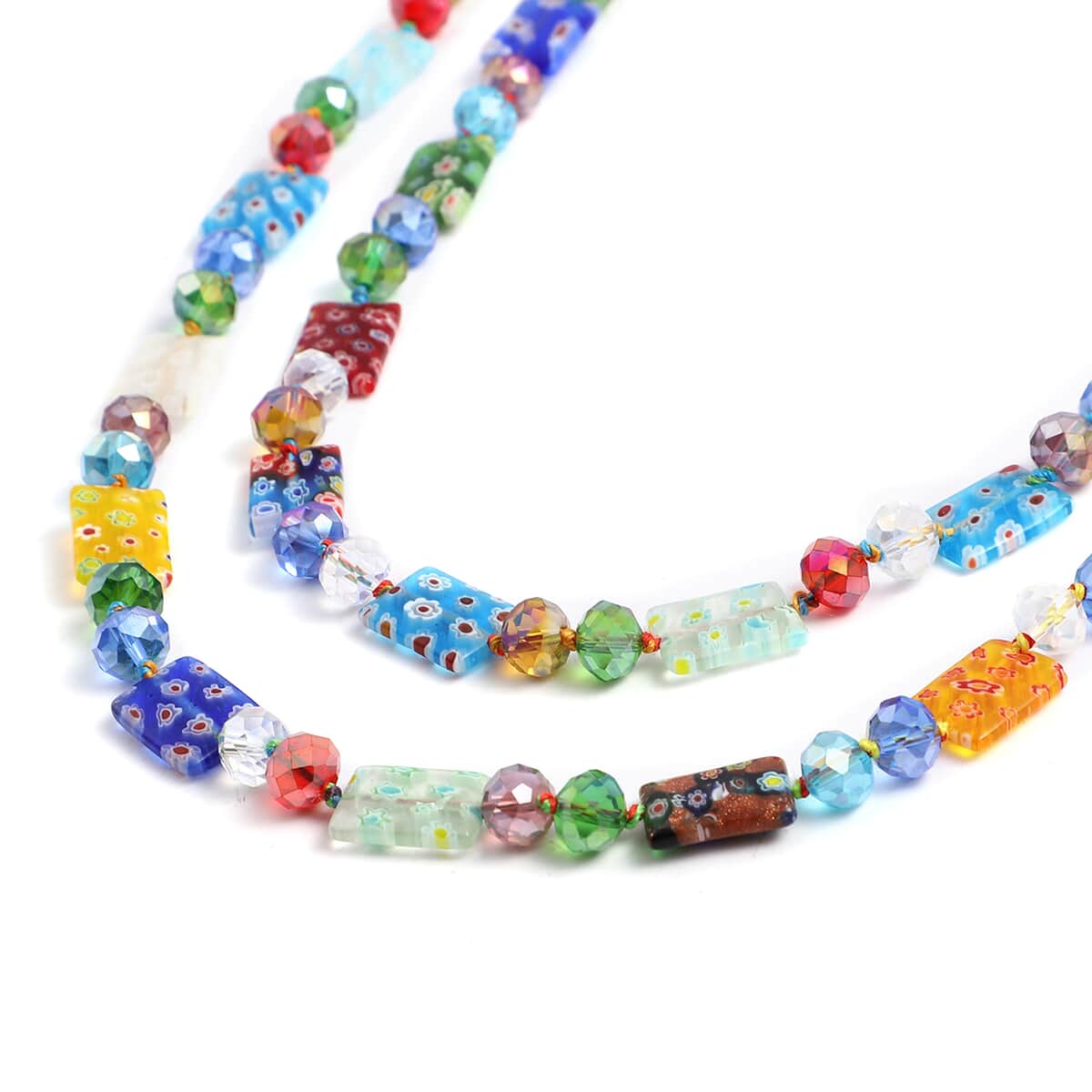 Multi Color Murano Style and Multi Color Glass Square Stretch Bracelet and Endless Necklace (46.00 In) image number 3