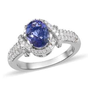 Tanzanite, Diamond Ring in Platinum Over Sterling Silver, Engagement Ring, Promise Rings For Women, Oval Engagement Ring 1.65 ctw (Size 11)