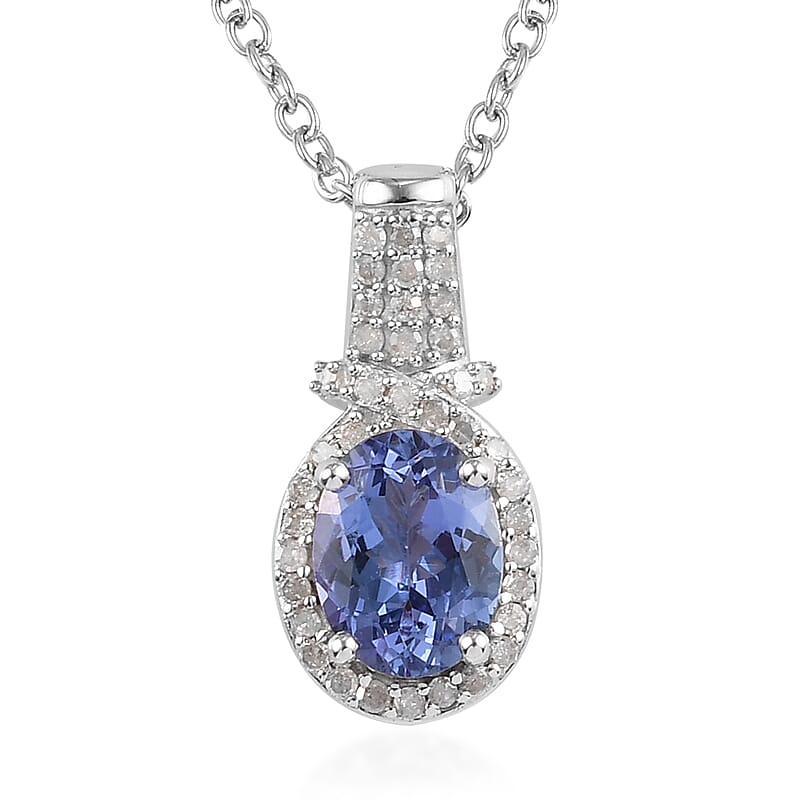 Tanzanite and Diamond Pendant Necklace 20 Inches in Platinum Over Sterling Silver