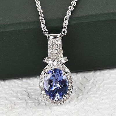 Tanzanite and Diamond Pendant Necklace 20 Inches in Platinum Over Sterling Silver