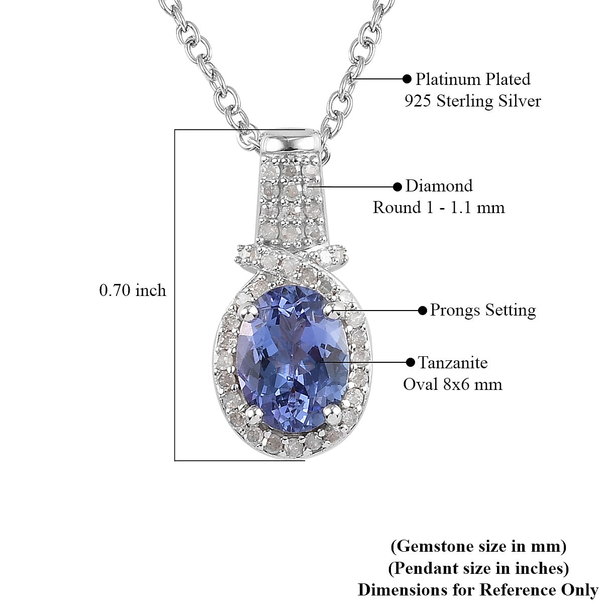 Tanzanite and Diamond Pendant Necklace 20 Inches in Platinum Over Sterling Silver