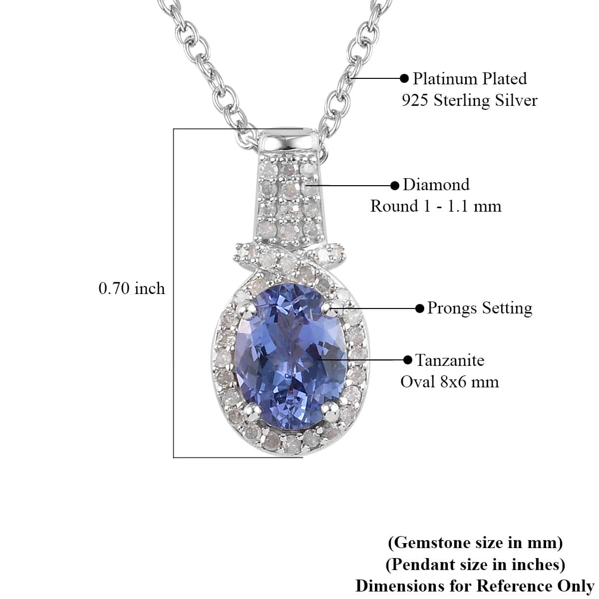 Tanzanite and Diamond Pendant Necklace 20 Inches in Platinum Over Sterling Silver 1.50 ctw image number 5