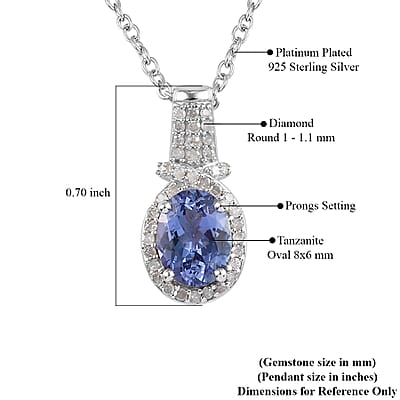 Tanzanite and Diamond Pendant Necklace 20 Inches in Platinum Over Sterling Silver
