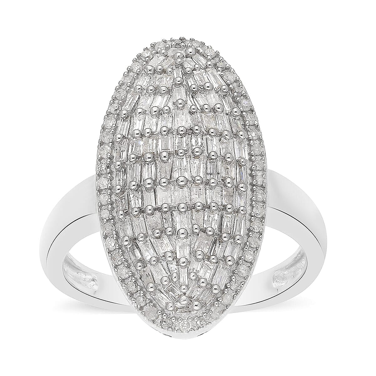 Natural Diamond Elongated Cocktail Ring in Platinum Over Sterling Silver (Size 10.0) 1.00 ctw