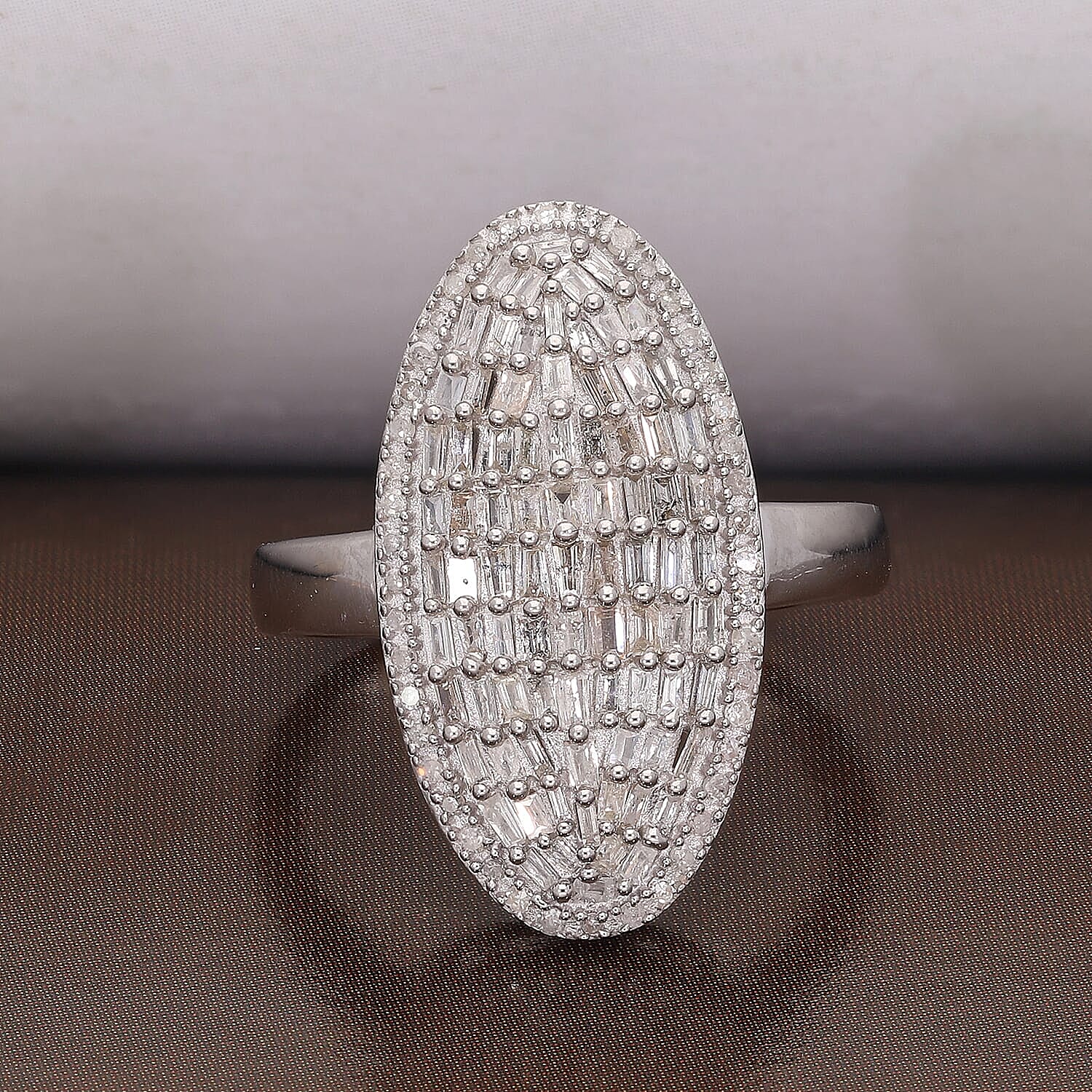 Natural Diamond Elongated Cocktail Ring in Platinum Over Sterling Silver (Size 10.0) 1.00 ctw