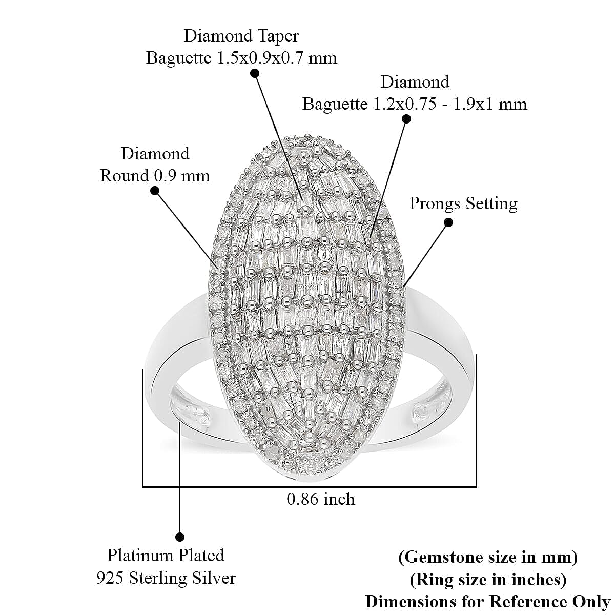 Natural Diamond Elongated Cocktail Ring in Platinum Over Sterling Silver (Size 10.0) 1.00 ctw