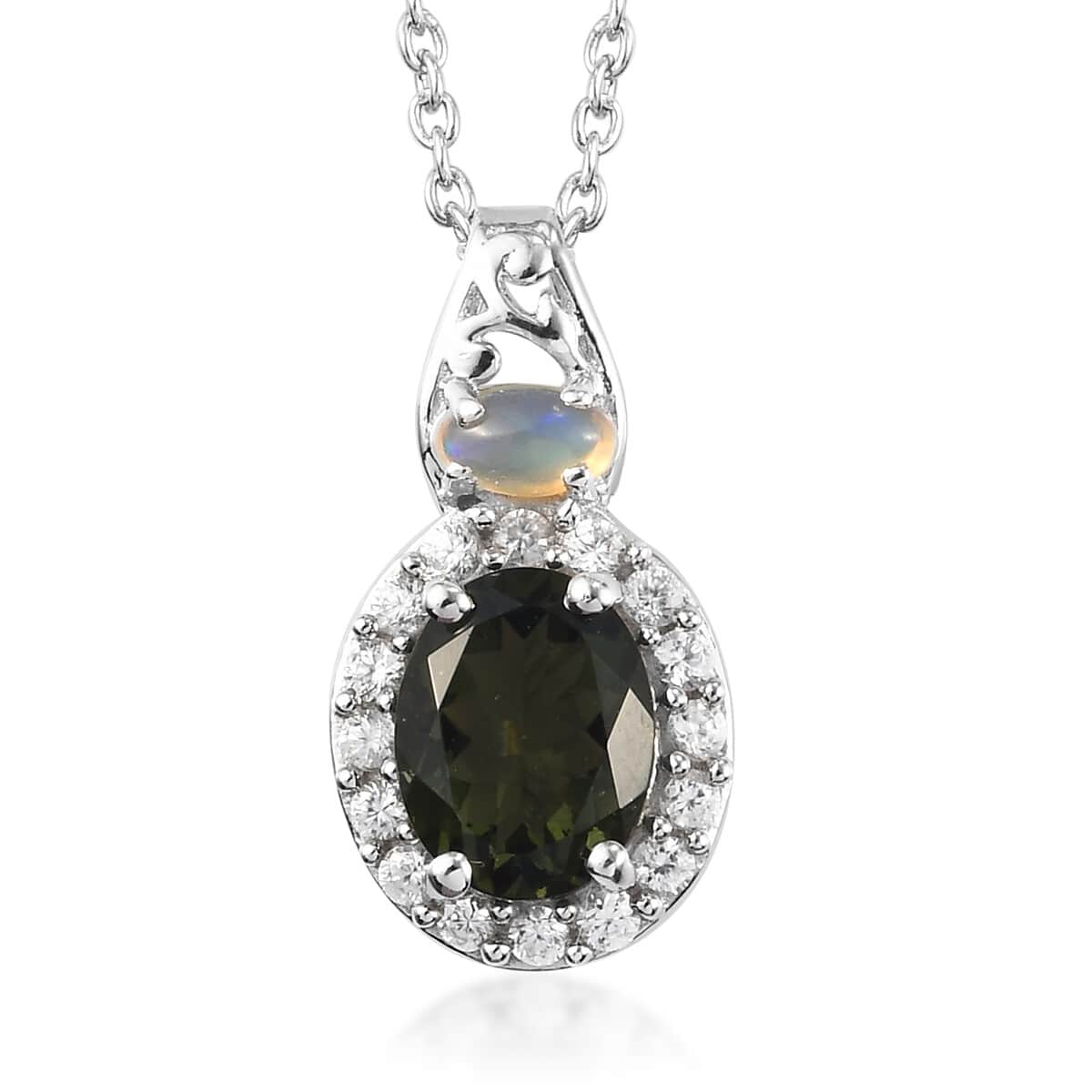 Bohemian Moldavite and Multi Gemstone Pendant Necklace 20 Inches in Platinum Over Sterling Silver 2.25 ctw image number 0