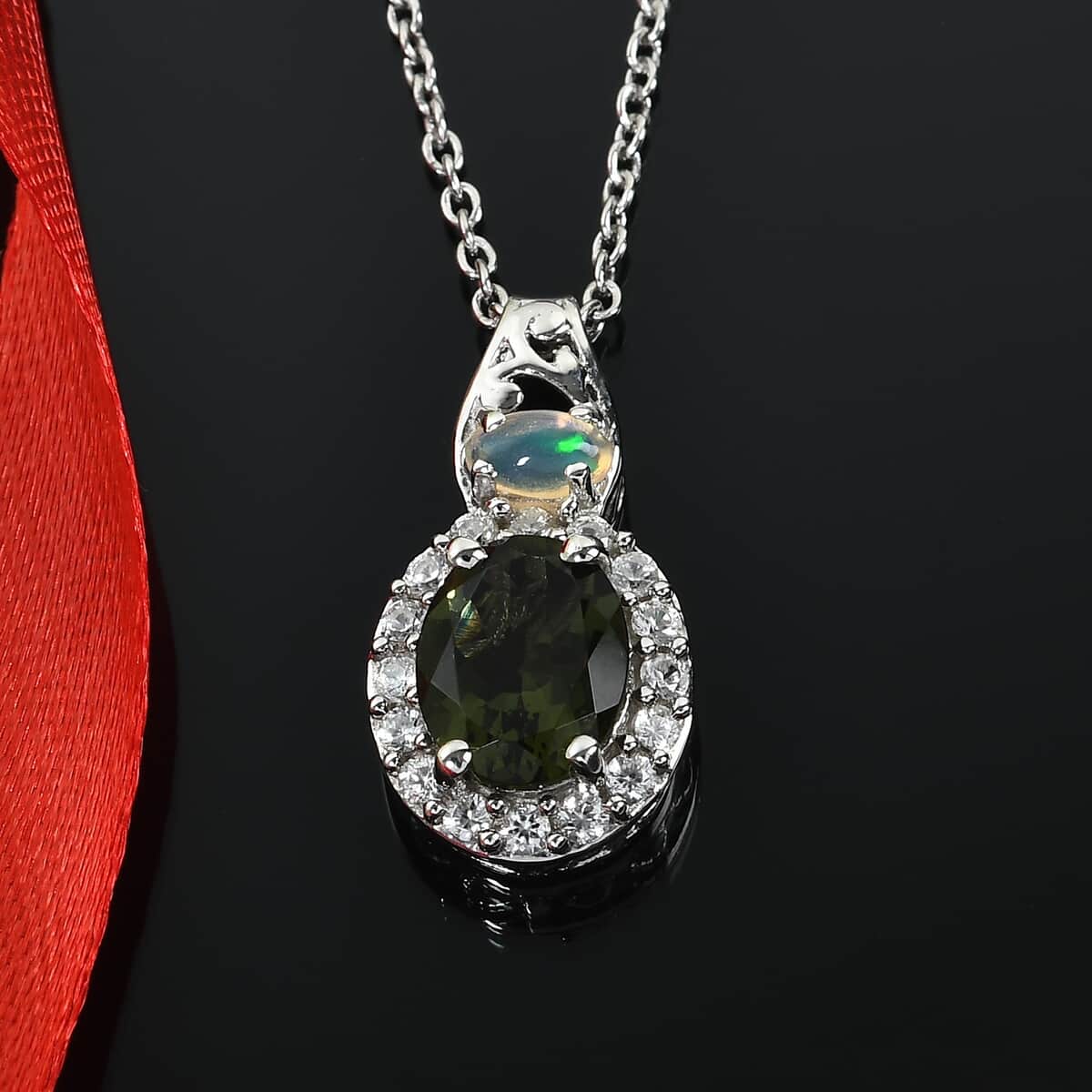 Bohemian Moldavite and Multi Gemstone Pendant Necklace 20 Inches in Platinum Over Sterling Silver 2.25 ctw image number 1