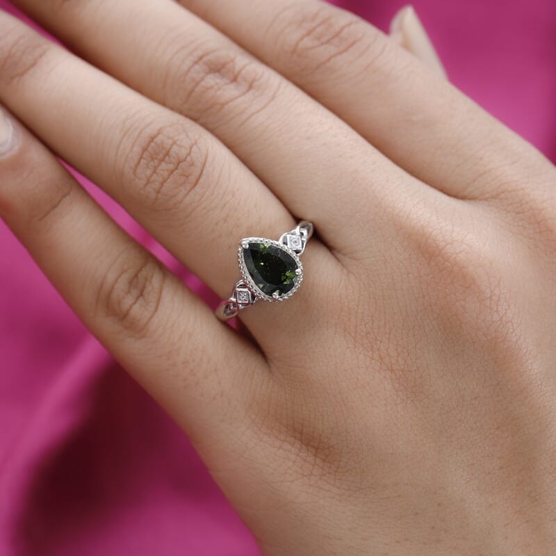 Premium Bohemian Moldavite and White Zircon Ring in Platinum Over Sterling Silver (Size 10.0) 1.65 ctw